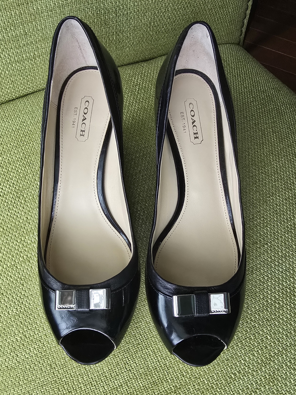 Coach Black Patent Leather Peep-Toe Wedge Pumps with Bow Accent - Picture 8 of 13